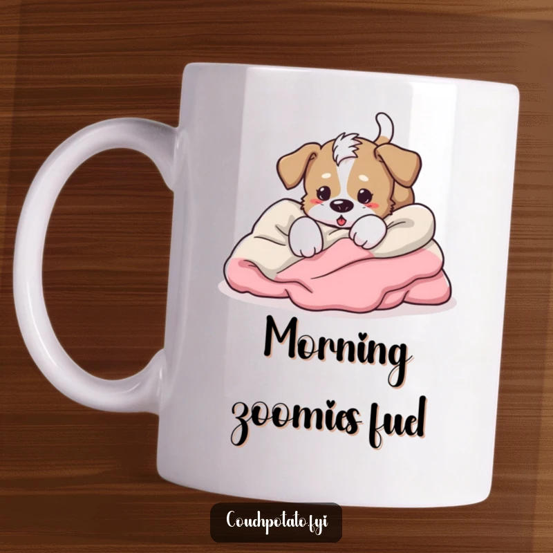 Funny energetic puppy tumbling headfirst into blankets, tail wagging furiously, a joyful and humorous mug.