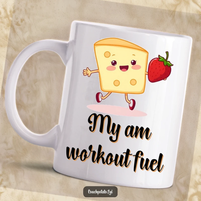 Funny cheerful cream cheese wedge mug, happily jumping rope with a strawberry, perfect for a humorous and delightful beverage experience.