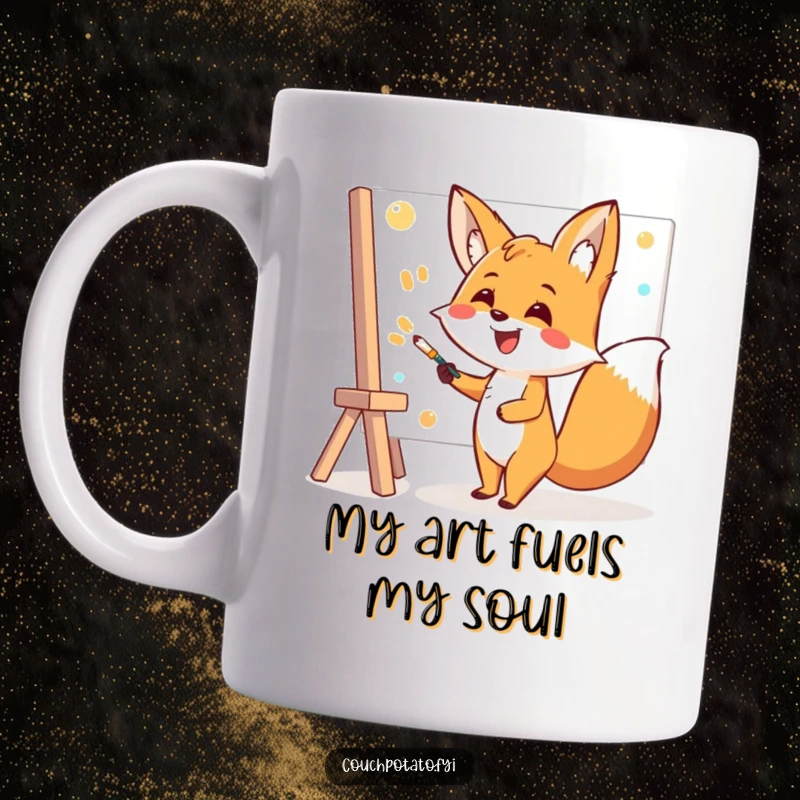 Funny Fox Painter Mug: A cheerful fox artist smiles widely while enthusiastically painting a large canvas, bringing art to life.