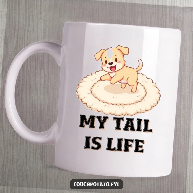 Funny playful puppy chasing its tail in circles on a fluffy rug on a ceramic mug.
