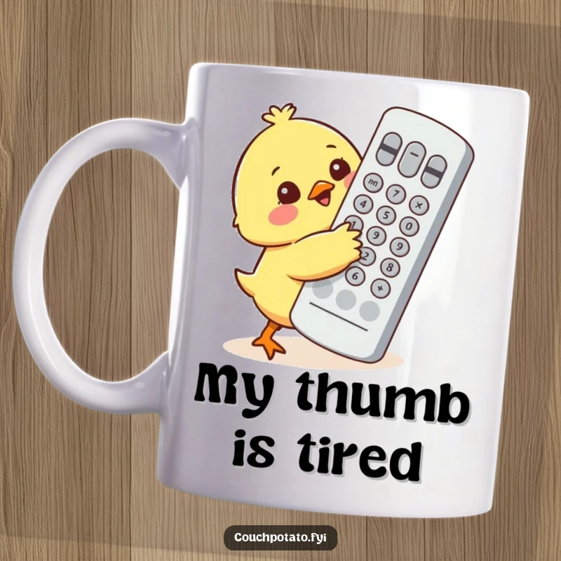 Funny chick character struggling to hug a comically huge TV remote control on a white mug, expressing an adorable, relatable struggle.