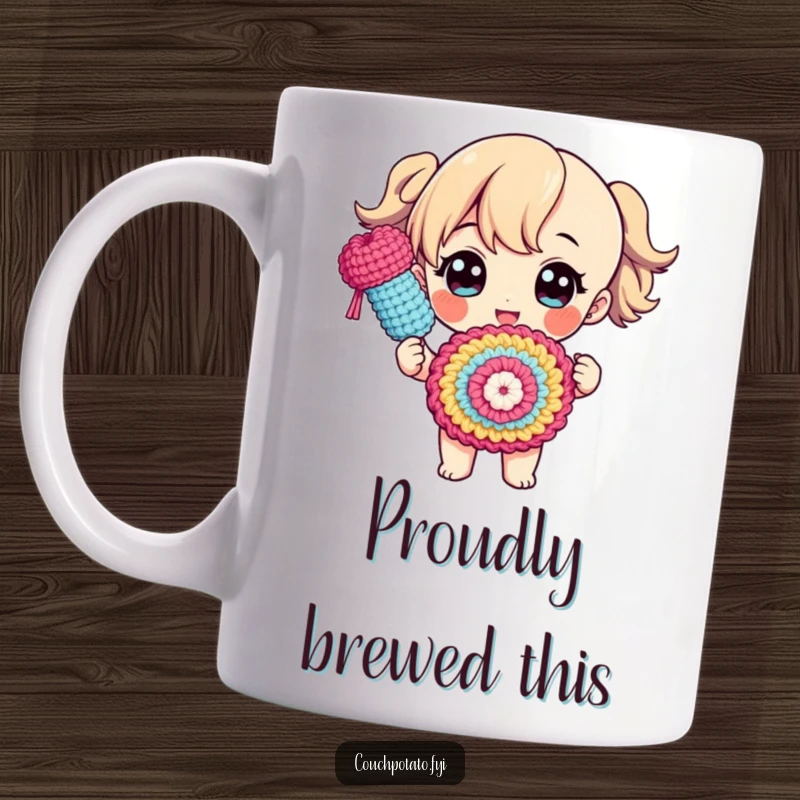 Funny mug showing a character proudly presenting a colorful, finished crocheted object with a flourish, celebrating crafting achievements.