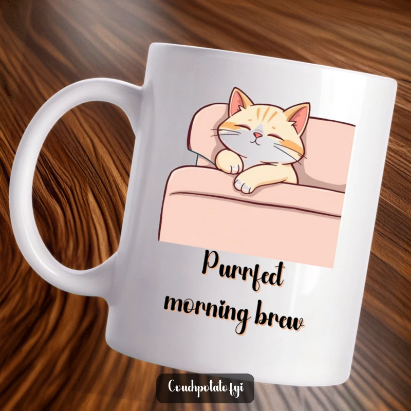 Funny content cat dozing off on a sofa, one paw dangling, purring softly, a tranquil and humorous mug.