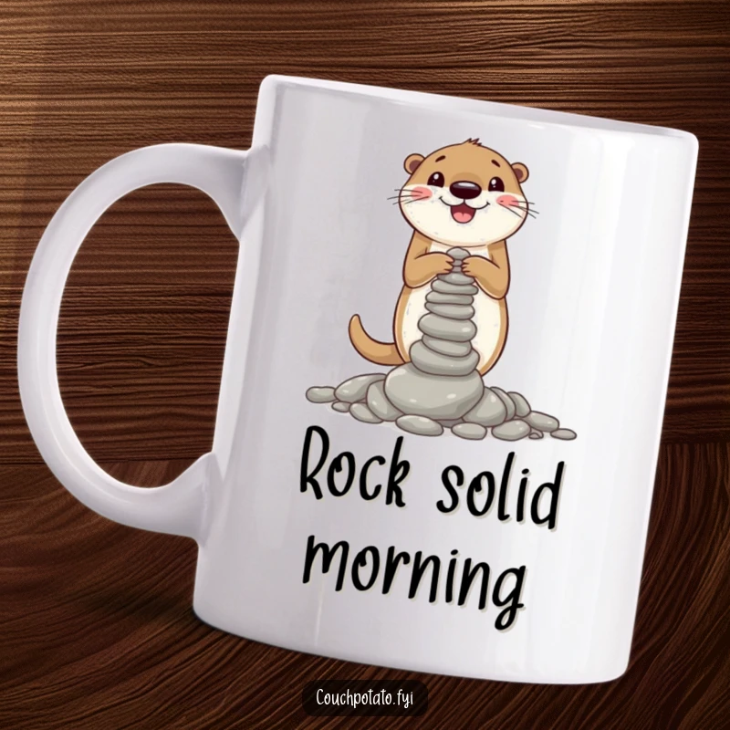 Funny mug showing a cheerful otter concentrating hard on building a wobbly pebble tower, celebrating its quirky determination.