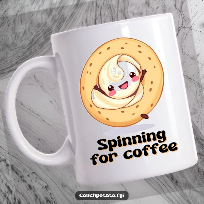Funny swirling cream cheese performing a cartwheel with a happy bagel, depicted on a humorous mug.