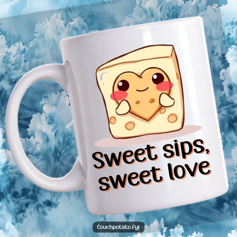 Funny blushing cream cheese block lovingly offering a perfectly baked heart-shaped cookie, depicted on a charming mug.