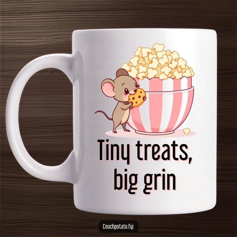 Funny tiny mouse with a mischievous grin sneaking a cookie from a giant popcorn bowl, a comical mug design.