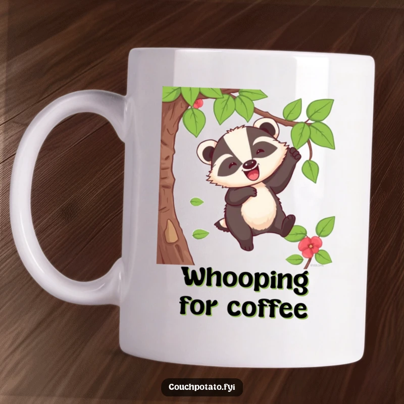 Funny Badger Mug: A cheerful badger swings from a vine, letting out a wild whoop with pure, uninhibited joy.