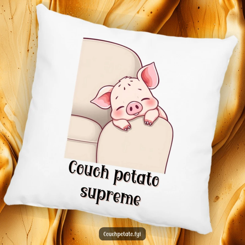 Funny cheerful piglet pillow featuring a piglet draped over a couch armrest, wiggling toes, designed for maximum comfort and cheer.