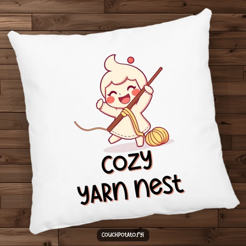 Funny smiling character swinging a crochet hook with yarn trailing, on a soft throw pillow.