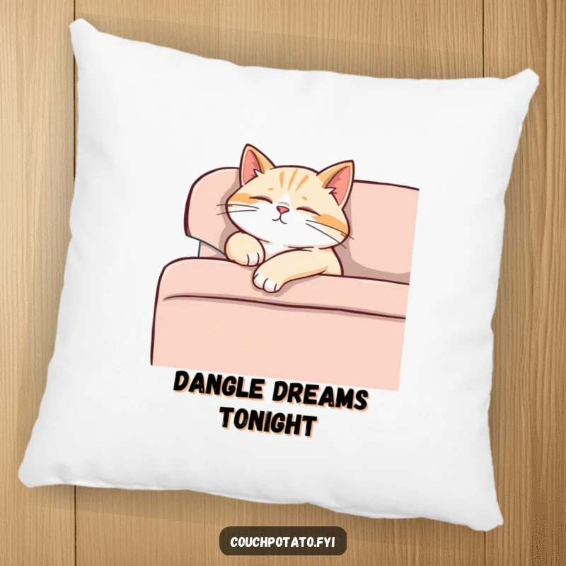 Funny content cat dozing off on a sofa, paw dangling, purring softly, a plush and humorous pillow.