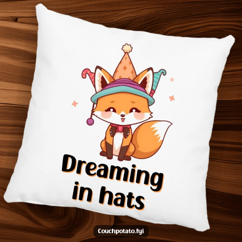 Funny playful fox wearing a comical assortment of hats on a plush pillow, offering humorous comfort and decor.