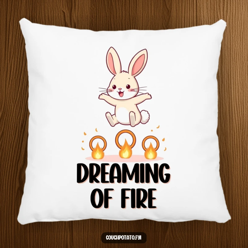 Funny Rabbit Pillow: A brave rabbit is depicted leaping through flaming hoops, adding a humorous and adventurous element.