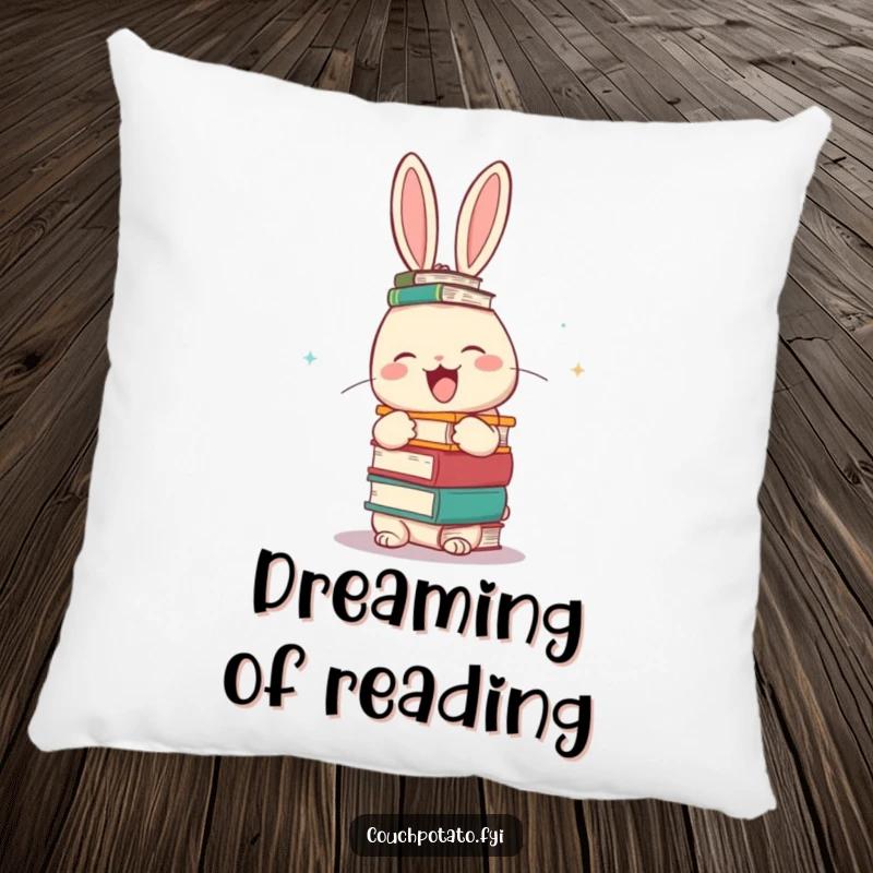 Funny giggling rabbit balancing a stack of books on its head on a plush pillow, offering humorous comfort and literary flair.