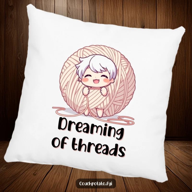 Funny Pillow showing a character grinning while pulling a long thread from a giant yarn ball, for cozy comfort.