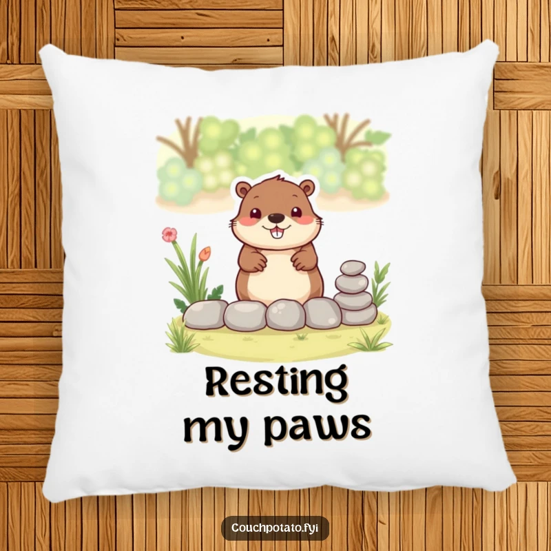 Funny beaver pillow, a smiling beaver is depicted stacking small stones to create a garden border, offering comfort.