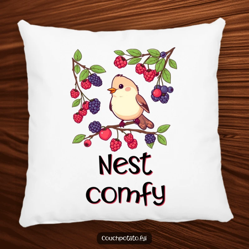Funny pillow featuring a busy bird tasting berries from different branches, bringing a touch of avian delight and comfort to any room.