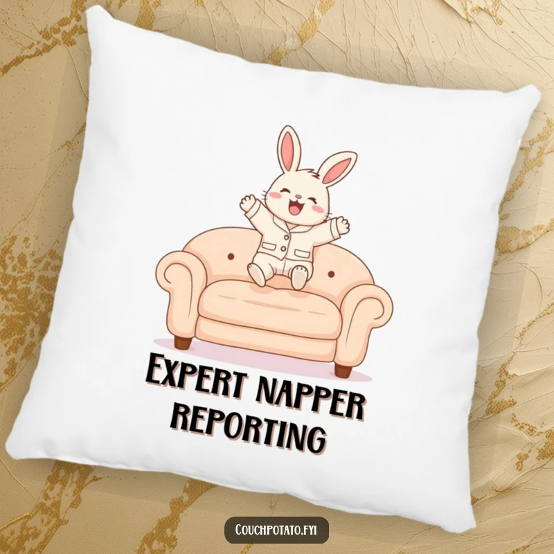 Funny Bunny Pajama Pillow showing a fluffy bunny in pajamas making a cheerful leap onto a soft sofa, providing cozy humor.