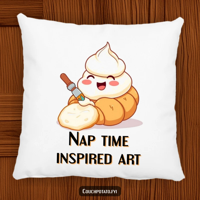 Funny pillow with a delighted cream cheese tub painting a croissant, bringing artistic and cozy vibes.