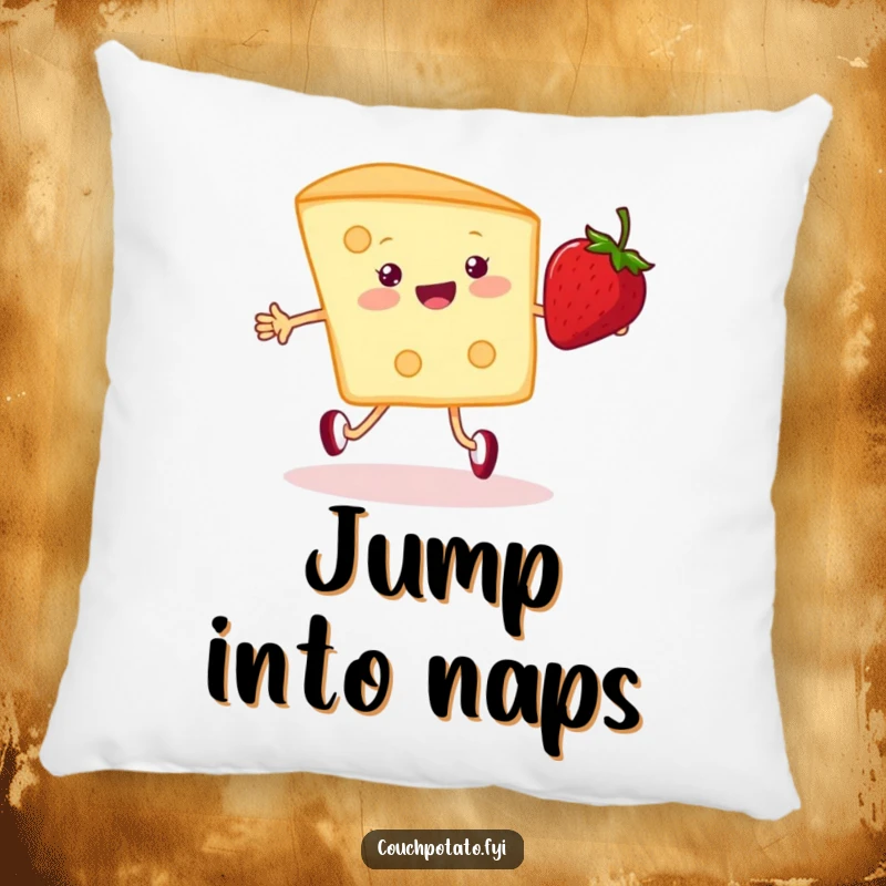 Funny cream cheese and strawberry pillow, featuring them happily jumping rope, perfect for cozy and humorous home decoration.