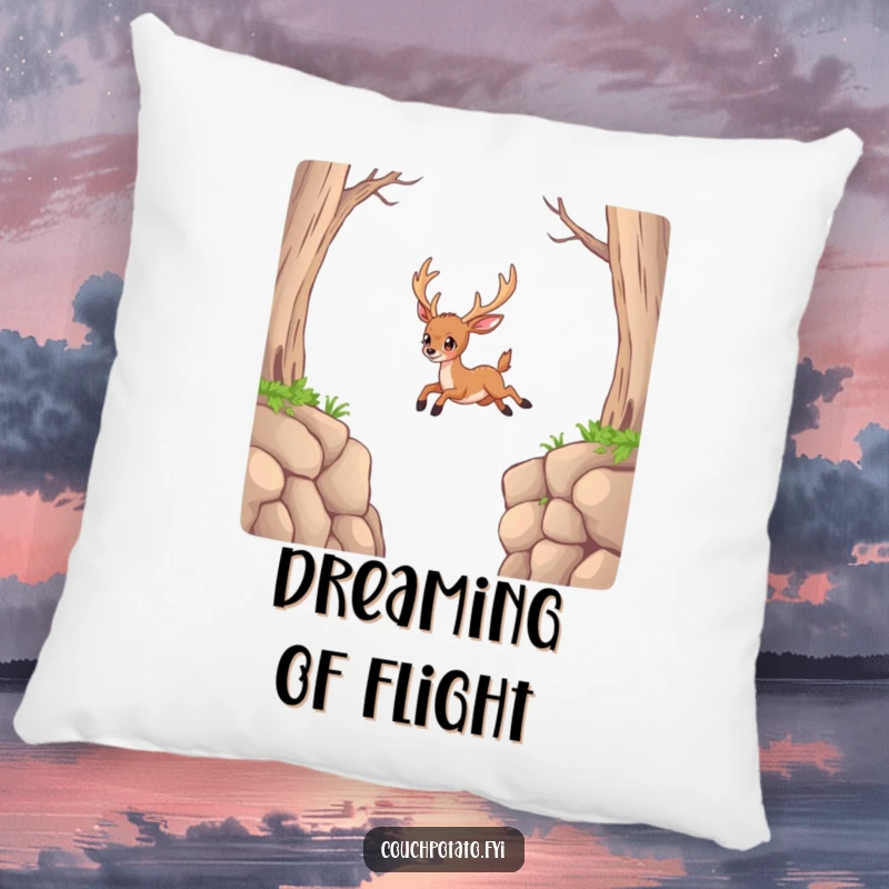 Funny Deer Pillow: A determined deer attempts an impossible jump, offering comfort with a humorous and inspiring message.