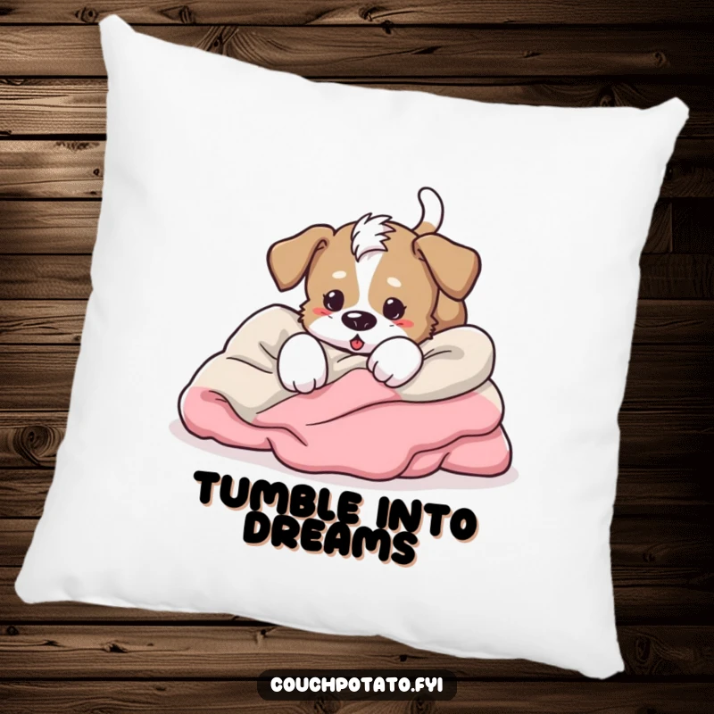 Funny energetic puppy tumbling headfirst into blankets, tail wagging furiously, a soft and humorous pillow.