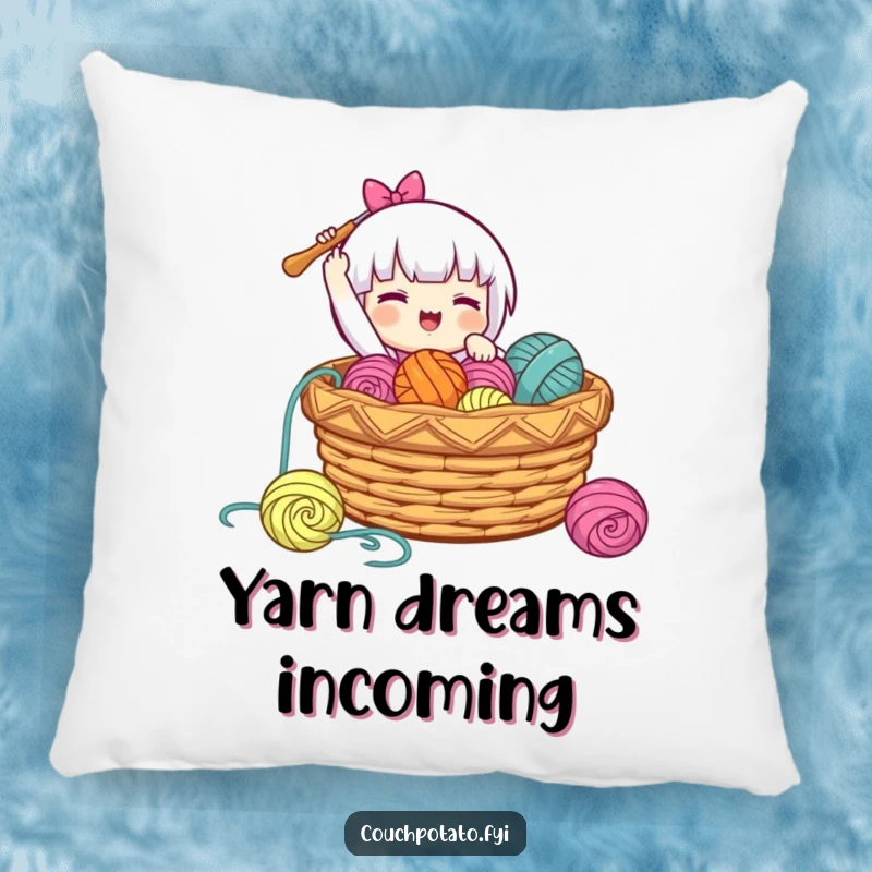 Funny, soft pillow depicting a character gleefully dropping a crochet hook into a basket of yarn, adding cozy happiness to spaces.