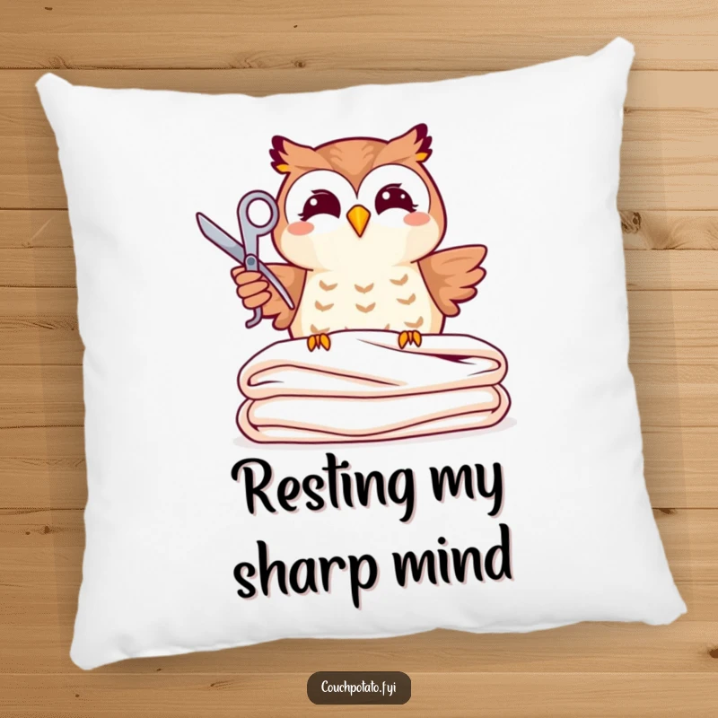 Funny joyful owl holding scissors over folded fabric, depicted on a soft, funny accent pillow.