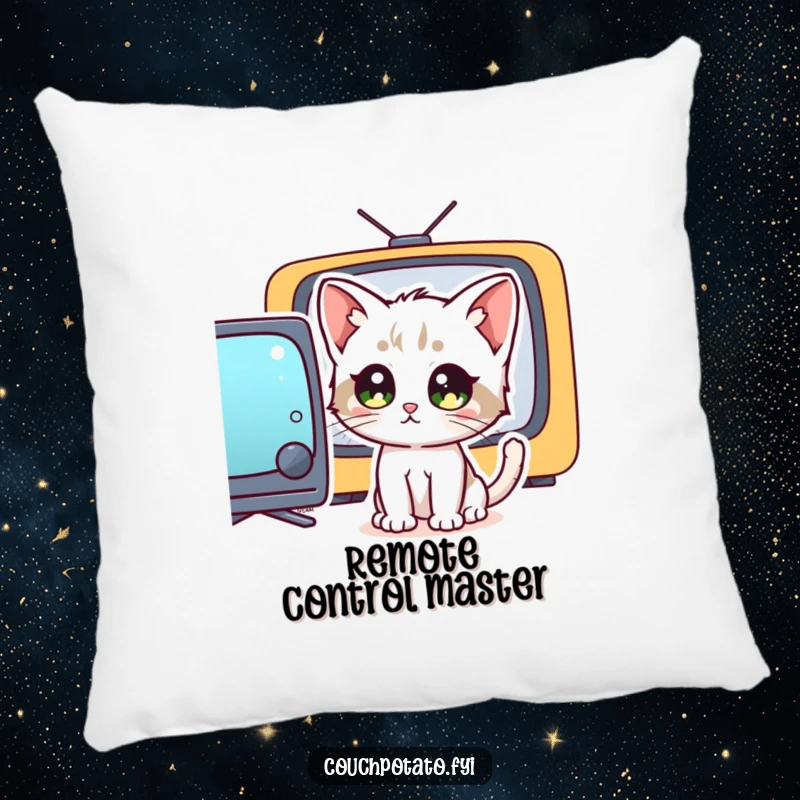 Funny kitten with wide, staring eyes captivated by a television screen, featured on a soft pillow, offering comfort and comical appeal.