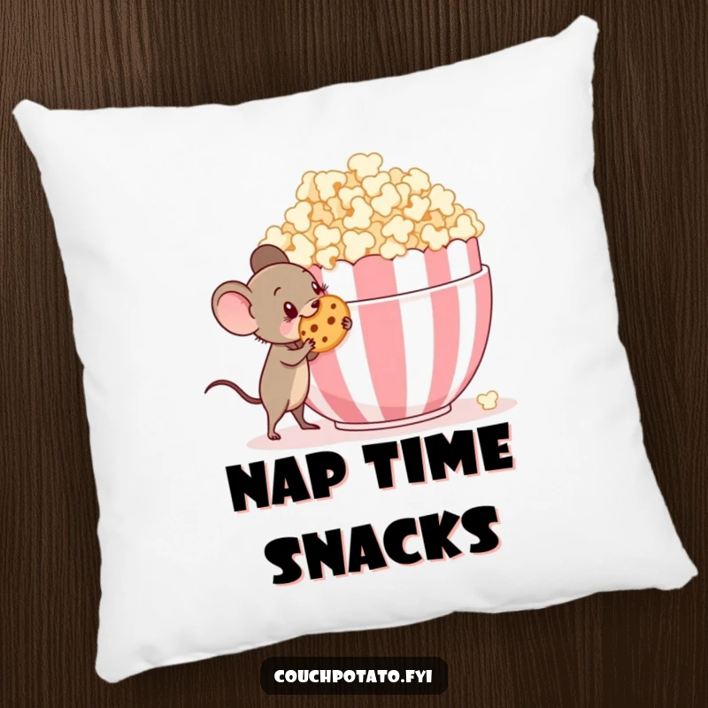 Funny tiny mouse with a mischievous grin sneaking a cookie from a giant popcorn bowl, a soft and cuddly pillow.
