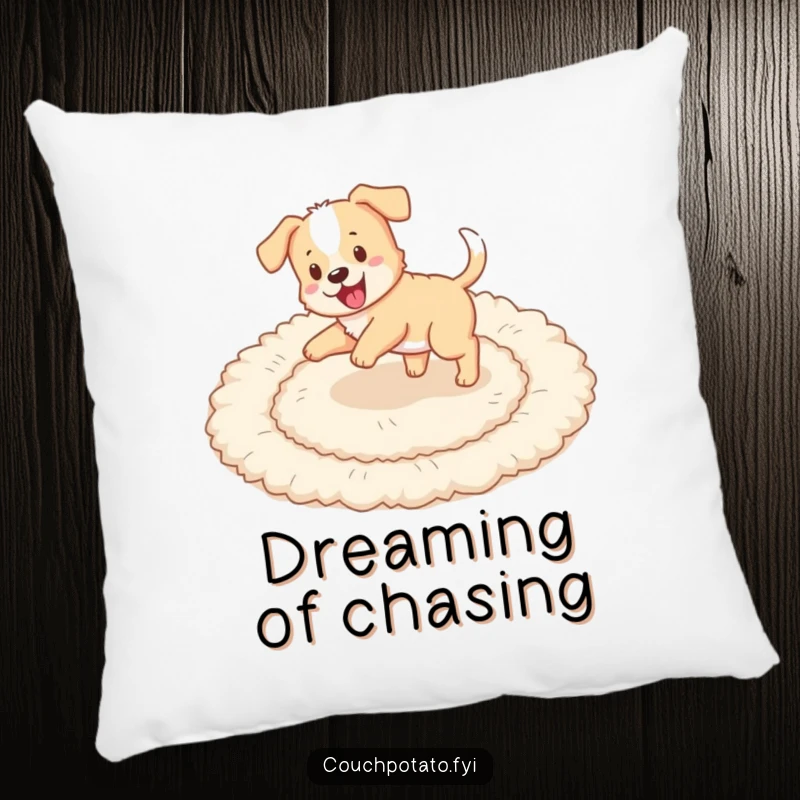 Funny puppy chasing its tail in circles on a fluffy rug, featured on a soft, plush pillow.