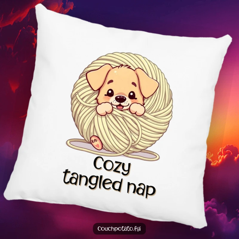 Funny puppy comically tangled in a giant ball of yarn, featured on a soft pillow, offering comfort and comical appeal.