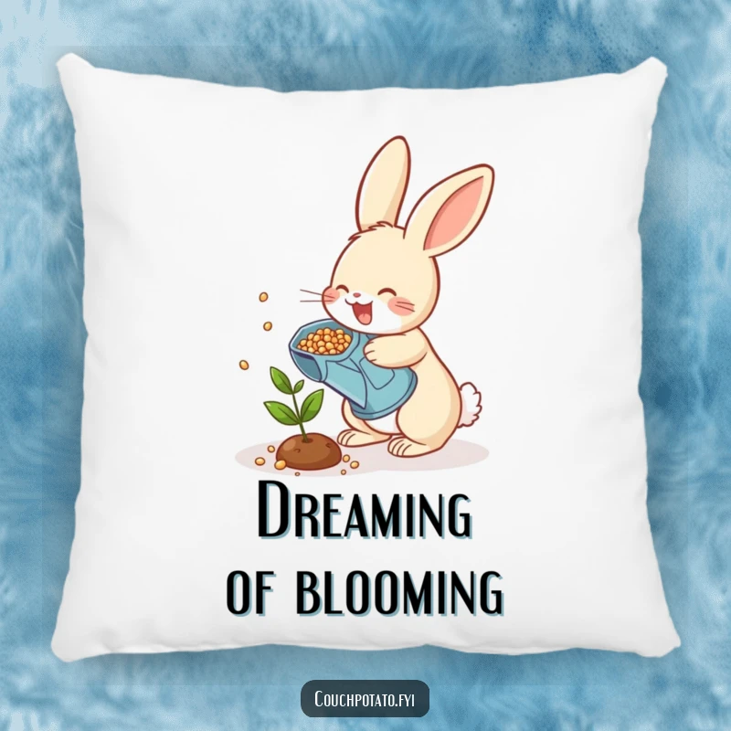 Funny rabbit gardener pillow, a cheerful bunny with a watering can scattering seeds onto a small plant, soft and humorous home decor.