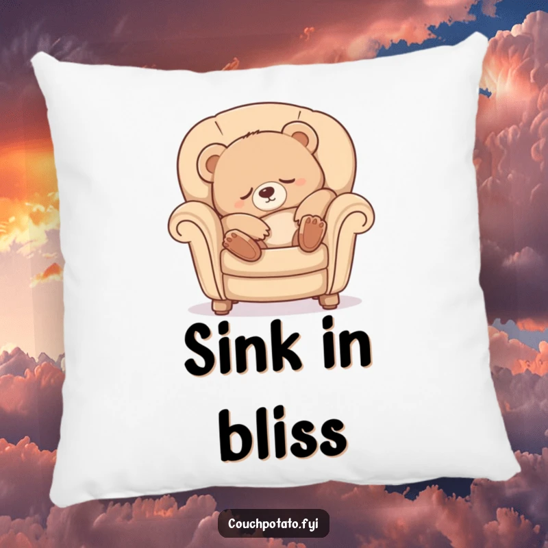 Funny Sleepy Bear Pillow showing a cute bear cub luxuriously stretching while sinking into a comfy armchair, designed for ultimate coziness.