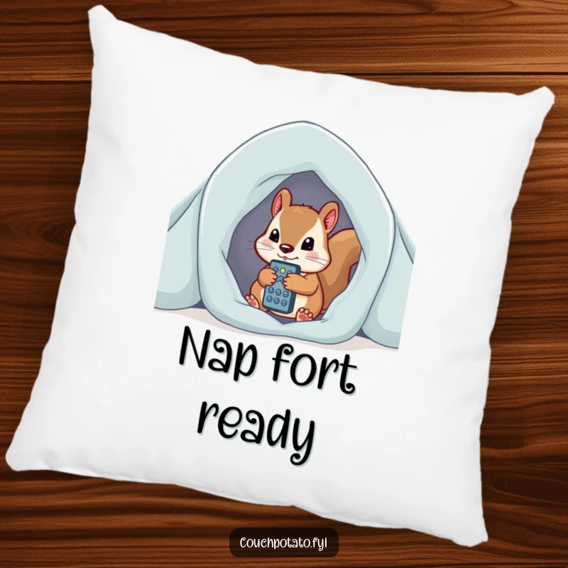 Funny curious squirrel peeking from blanket fort, clutching remote control, a plush and humorous pillow.