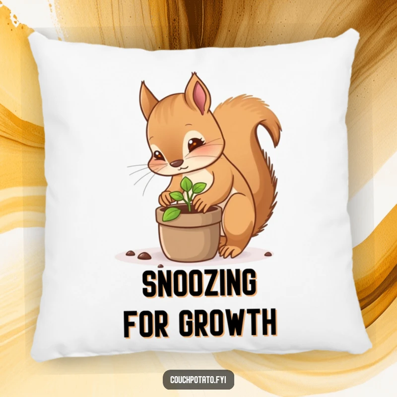Funny squirrel planter pillow, a focused squirrel carefully planting a tiny sprout in a pot, cozy and humorous home decor.