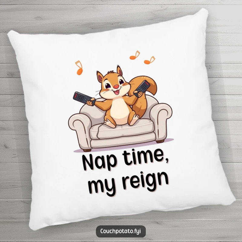 Funny squirrel pillow featuring a character engrossed in juggling remote controls, designed for ultimate comfort and comic relief.