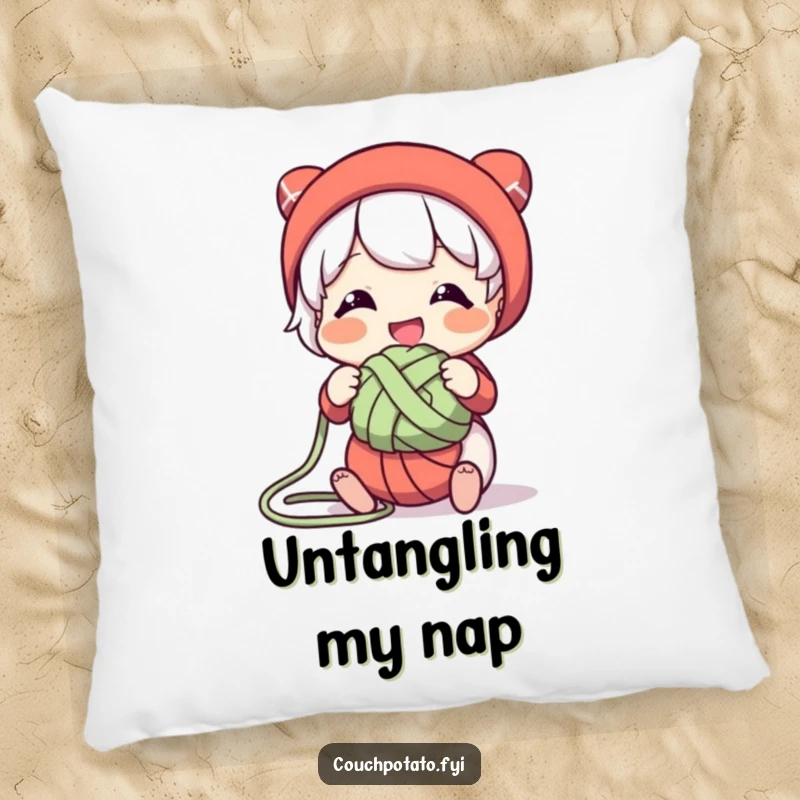 Funny, soft pillow depicting a character smiling while untangling a knot of yarn, adding cozy humor to spaces.