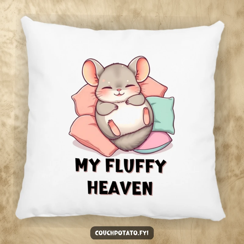 Funny Chinchilla Pillow showing a cute chinchilla happily rolling on its back, surrounded by pillows, perfect for cozy snuggles.