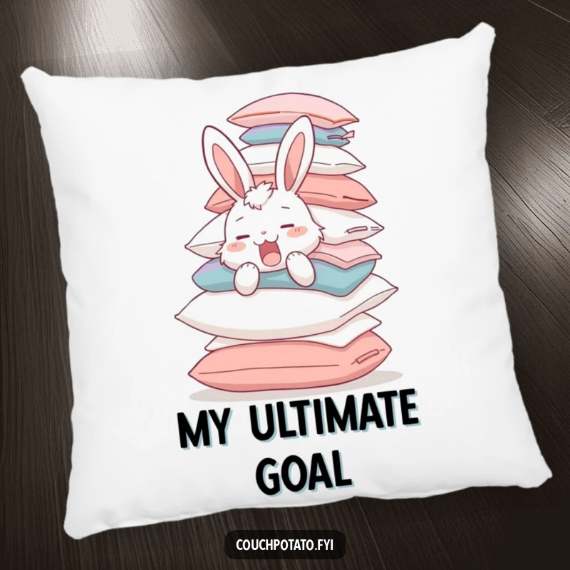Funny yawning bunny balancing a huge stack of pillows, featured on a soft pillow, offering comfort and comical appeal.