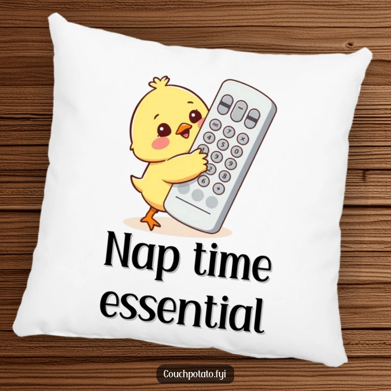 Funny cute chick character adorably attempting to hug an oversized television remote control on a soft decorative pillow.