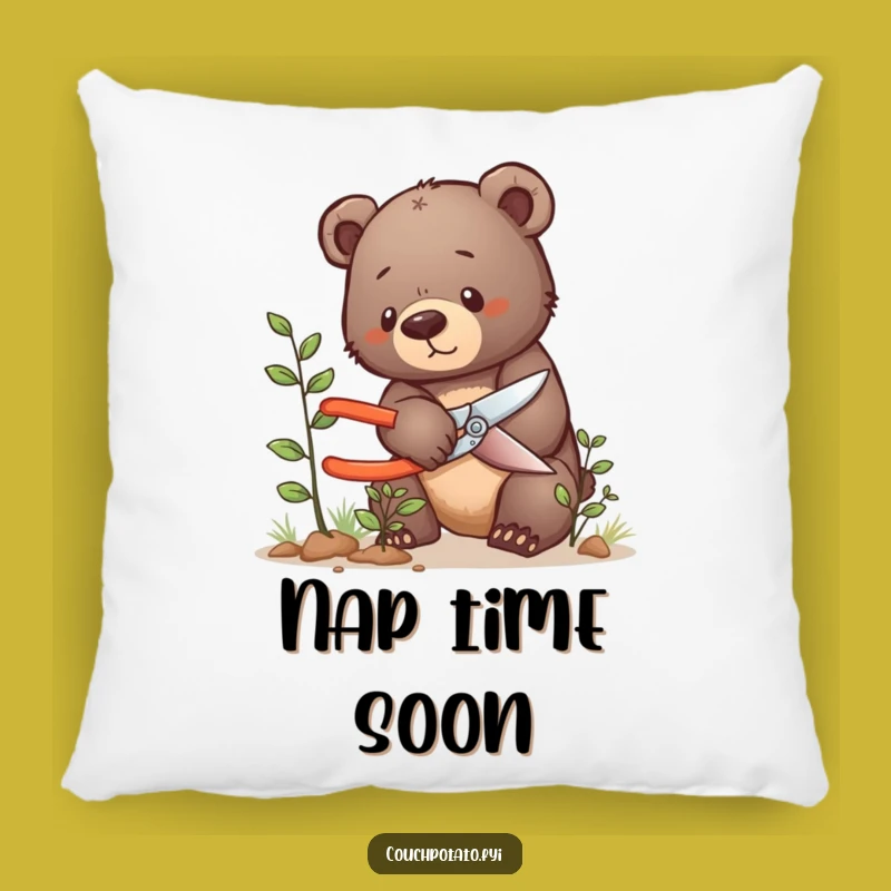 Funny Bear Cub Pruning Pillow: Tiny Gardener, Hilarious Comfort for Plant Lovers