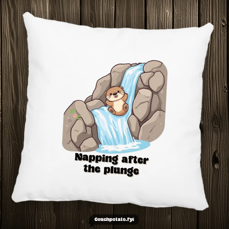 Funny Pillow: A playful otter slides down a rocky waterfall, a humorous and comforting decorative accent.
