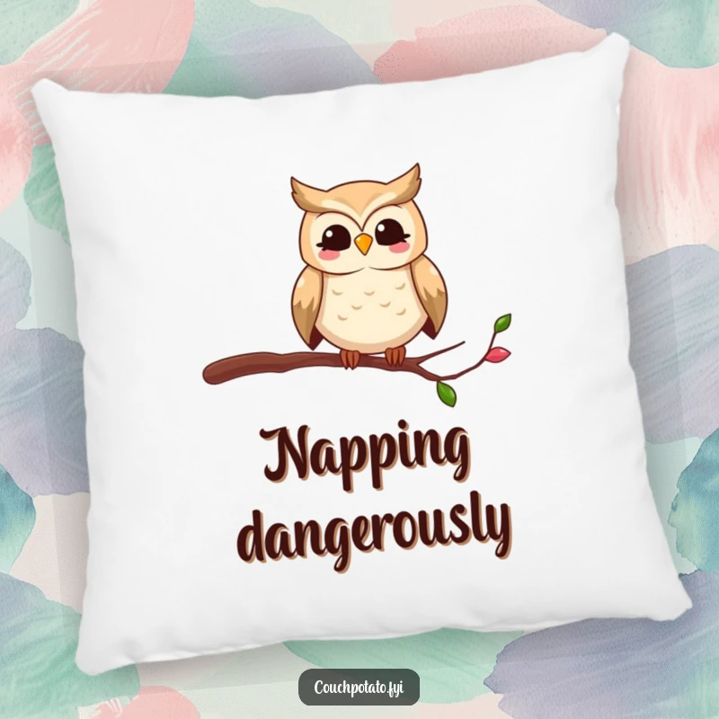 Funny owl pillow with a smiling bird character humorously balancing on a thin branch, providing plush comfort and laughter.