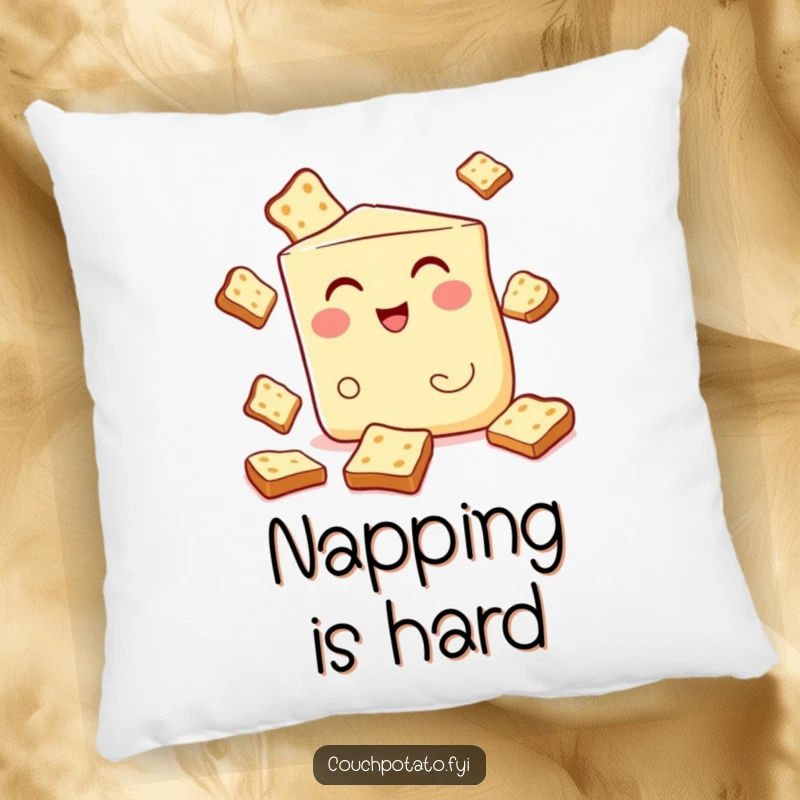 Funny pillow showcasing a winking cream cheese wedge juggling toast, designed for comfort and humorous breakfast-themed decor.