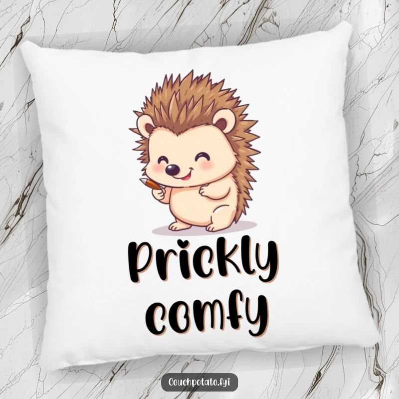 Funny pillow featuring a happy hedgehog drawing with its quills, bringing a touch of artistic whimsy and comfort to any room.