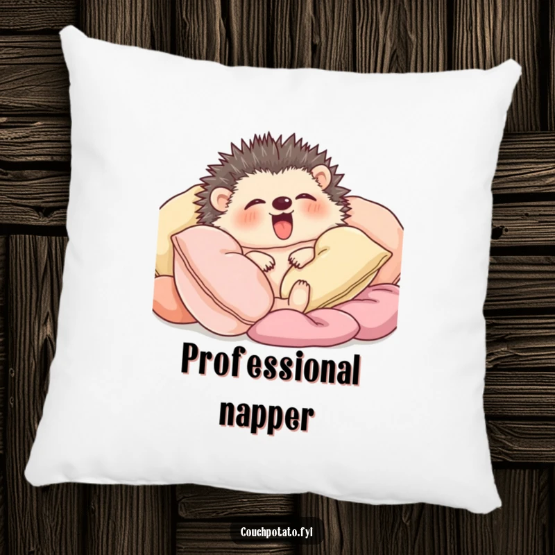 Funny hedgehog snuggled amongst soft cushions yawning widely, featured on a soft, plush pillow.