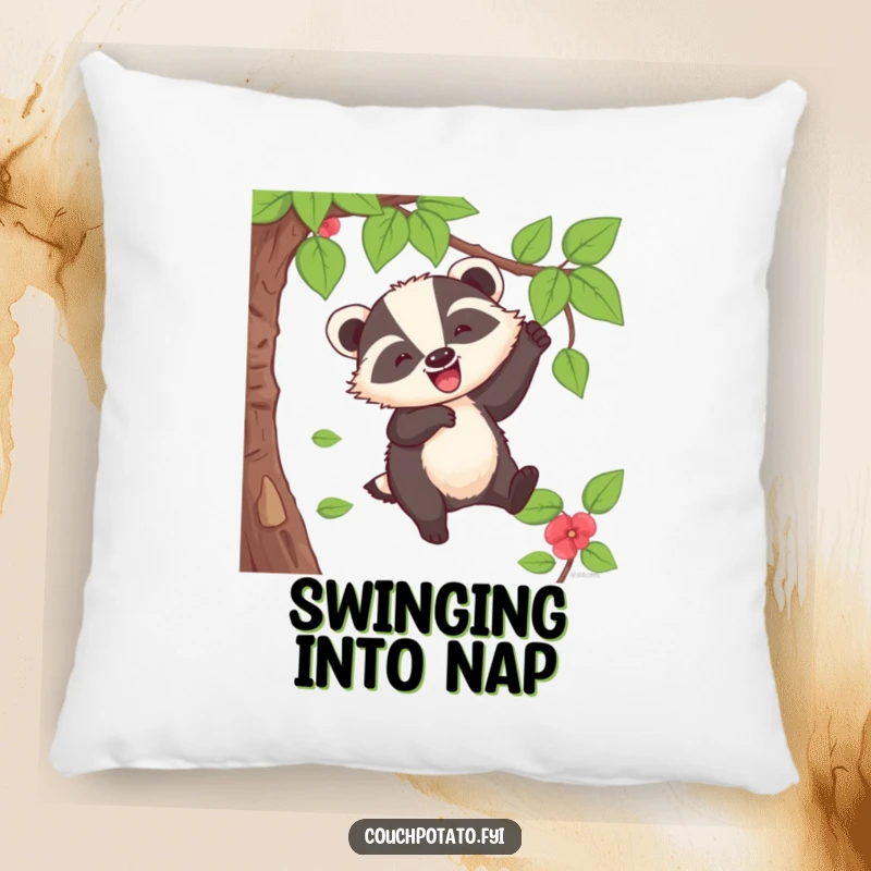Funny Badger Pillow: A cheerful badger swings from a vine with a loud 'whoop', providing comfort and humor.