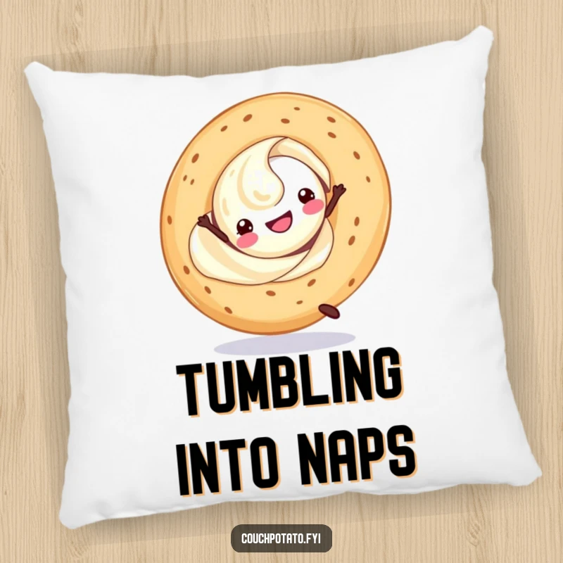 Funny cream cheese swirl doing a cartwheel with a bagel, designed on a plush pillow for cozy relaxation.