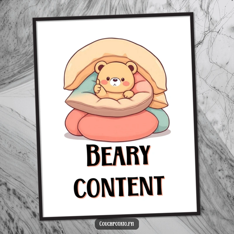 Funny round bear digital art print of a small, round bear nestled in cushions, giving a thumbs up, perfect for cheerful wall decor.